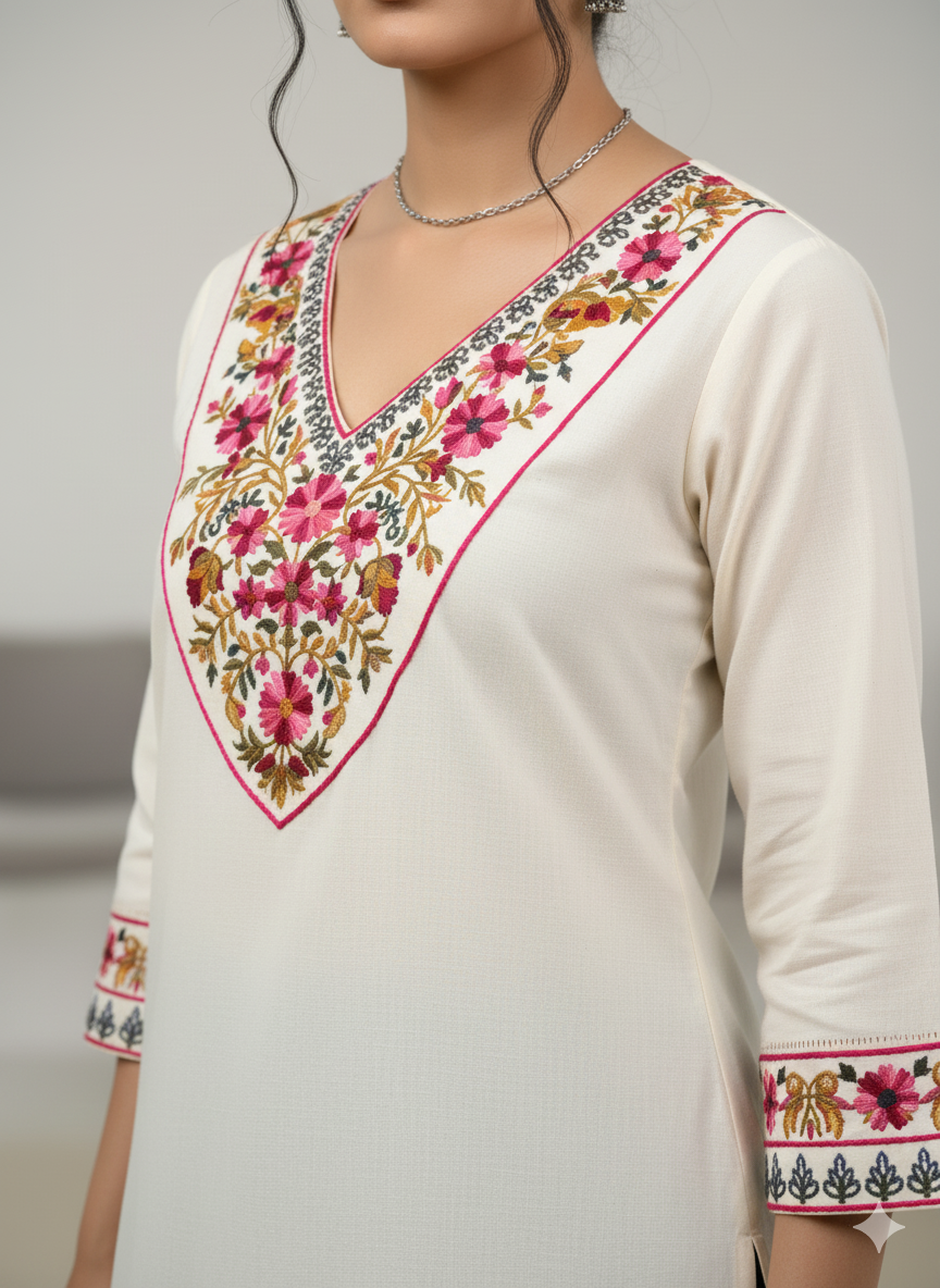 Cream Floral Embroidered Cotton V-Neck Kurta for Women