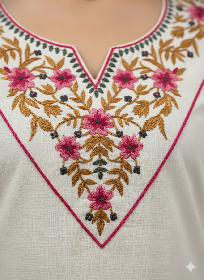 Cream Floral Embroidered Cotton V-Neck Kurta for Women