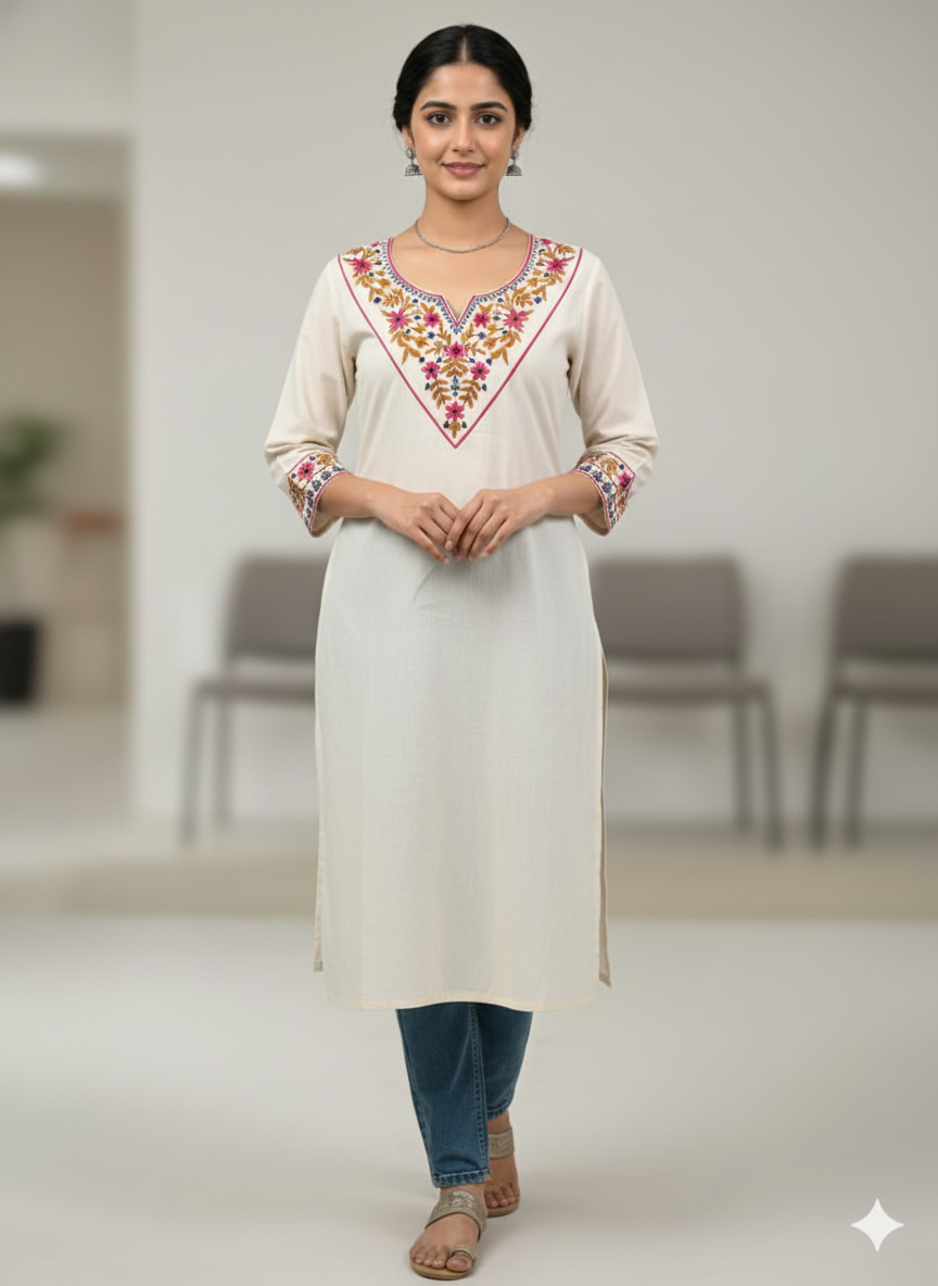 Cream Floral Embroidered Cotton V-Neck Kurta for Women