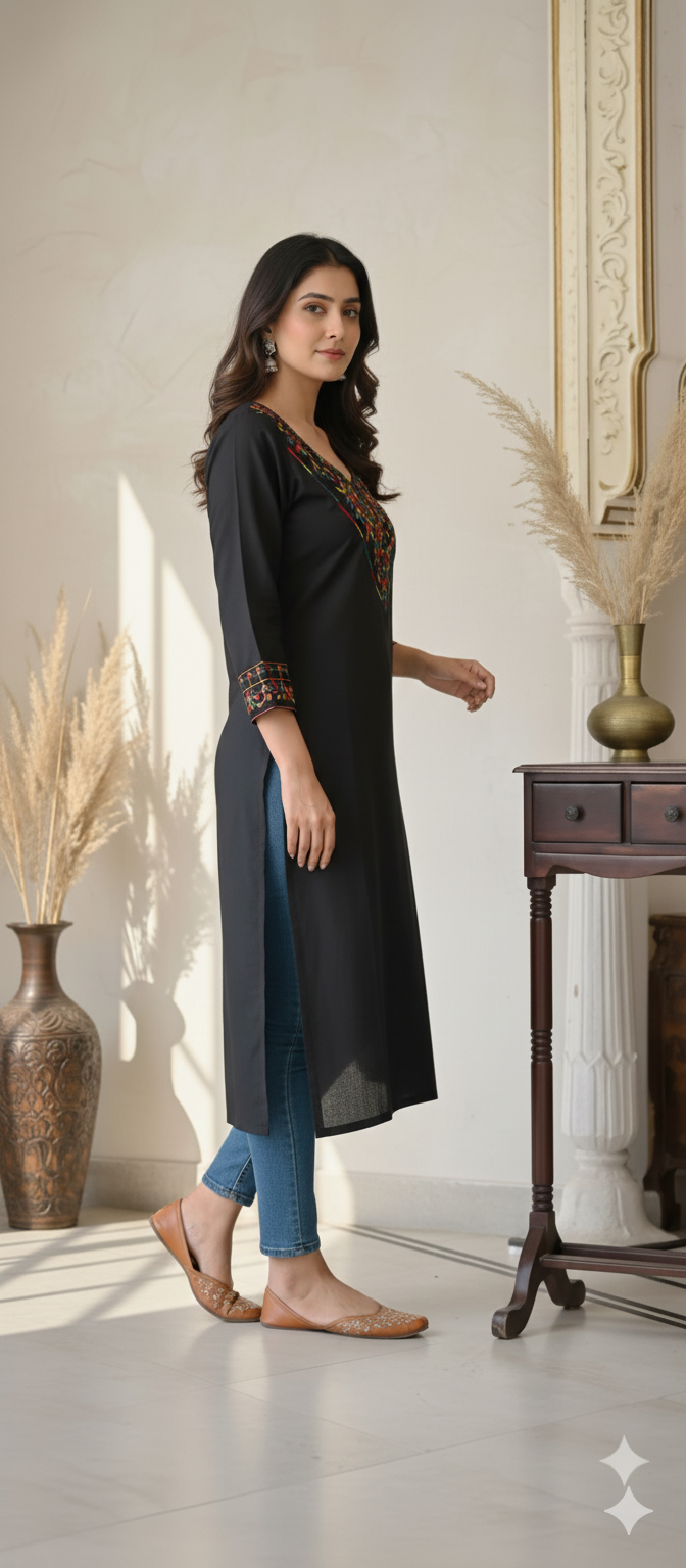 Midnight Cotton Bloom Embroidered Kurta