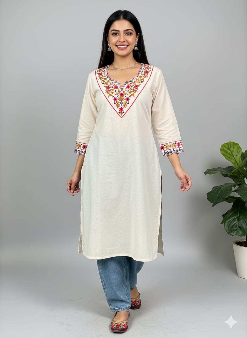 Cream Floral Embroidered Cotton V-Neck Kurta for Women