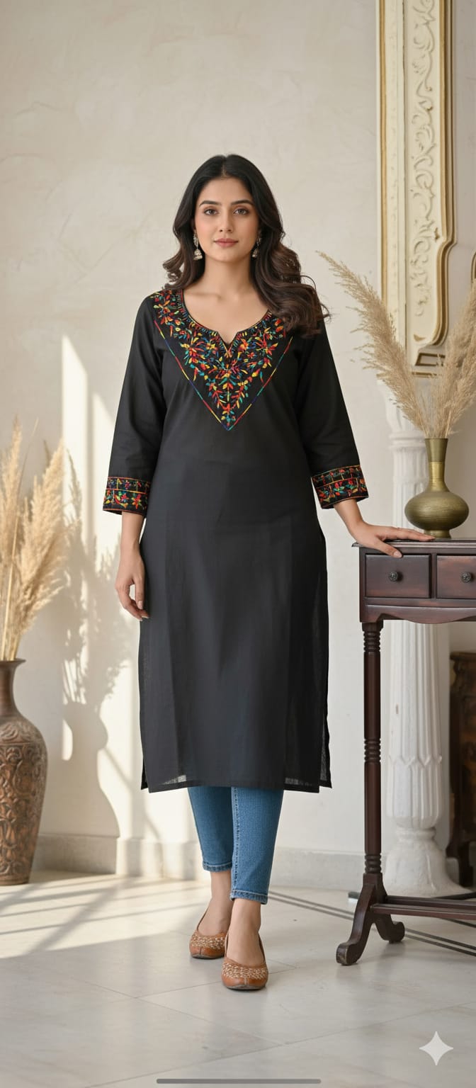 Midnight Cotton Bloom Embroidered Kurta